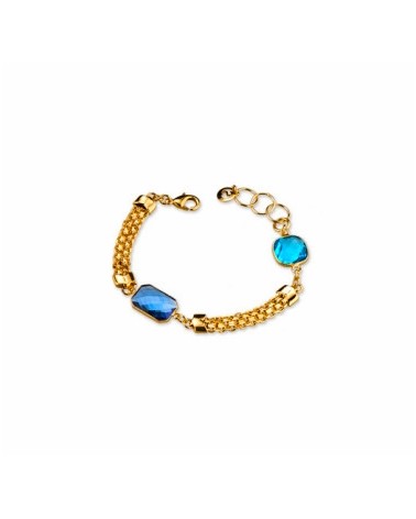 PULSERA METAL DORADO, ESLABÓN PLANO DOS PIEDRAS CRISTAL AZUL