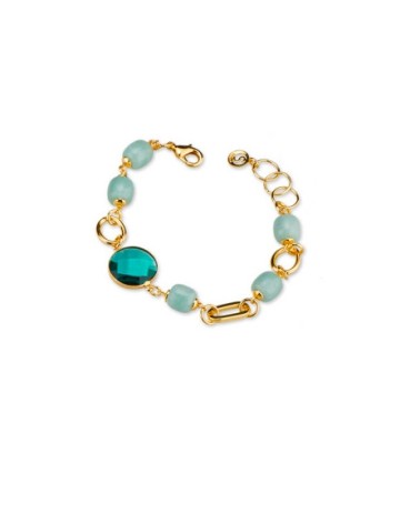 PULSERA METAL DORADO, ESLABONES PIEDRAS TIPO TURQUESA Y CRISTAL VERDE