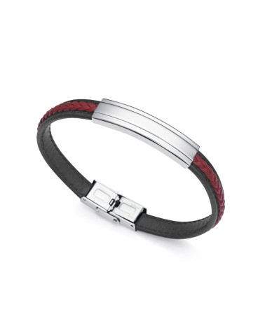 PULSERA CABALLERO CUERO NEGRO Y ROJO TRENZADO