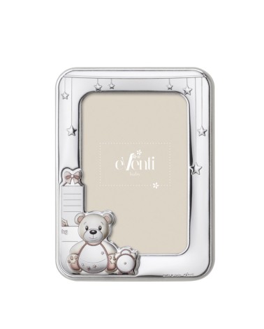 MARCO METAL PLATEADO INFANTIL OSO CON ESTRELLAS Y RELOJ ROSA